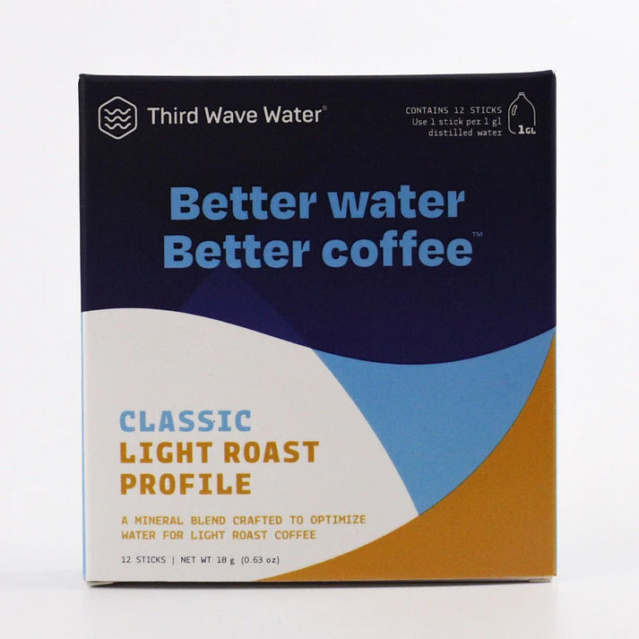 A clear, front-facing close-up of the Third Wave Water box, highlighting the "Classic Light Roast Profile" text and the mineral blend details.