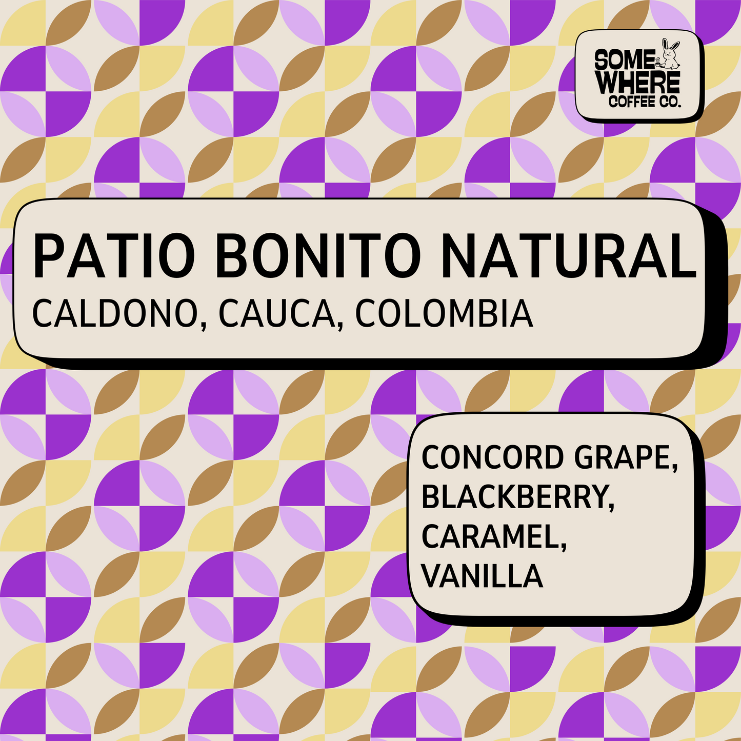 Colombian Coffee Beans From Patio Bonito, Caldono, Cauca with tasting notes of grape, blackberry, caramel and vanilla.