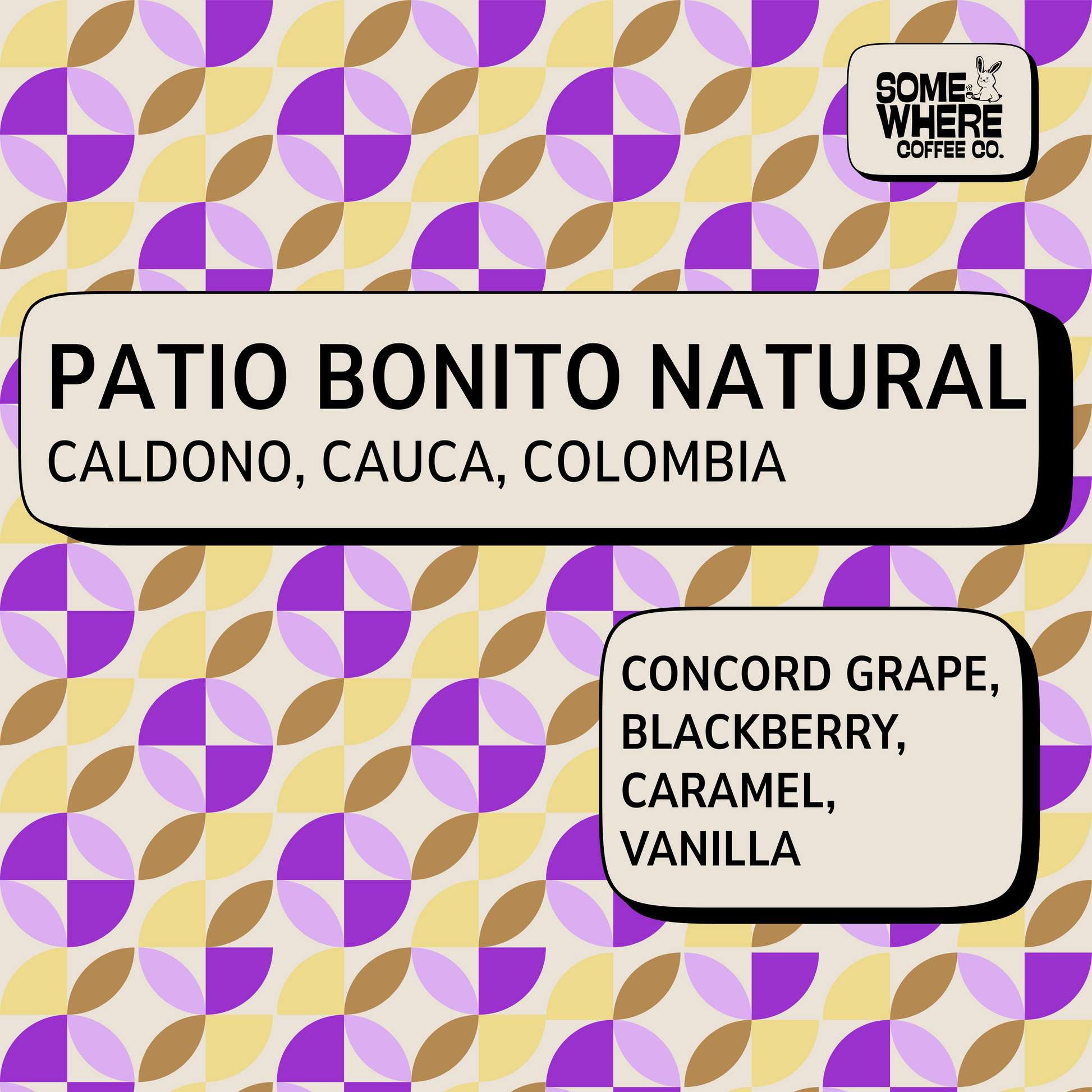 Colombian Coffee Beans From Patio Bonito, Caldono, Cauca with tasting notes of grape, blackberry, caramel and vanilla.