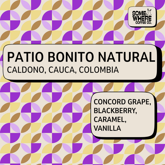 Colombian Coffee Beans From Patio Bonito, Caldono, Cauca with tasting notes of grape, blackberry, caramel and vanilla.