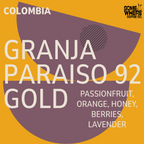 Granja Paraiso 92 Gold red bourbon coffee beans roasted in Edmonton, AB, with Passion fruit, orange, honey, berries and lavender flavour notes.