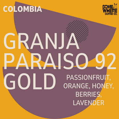Granja Paraiso 92 Gold red bourbon coffee beans roasted in Edmonton, AB, with Passion fruit, orange, honey, berries and lavender flavour notes.