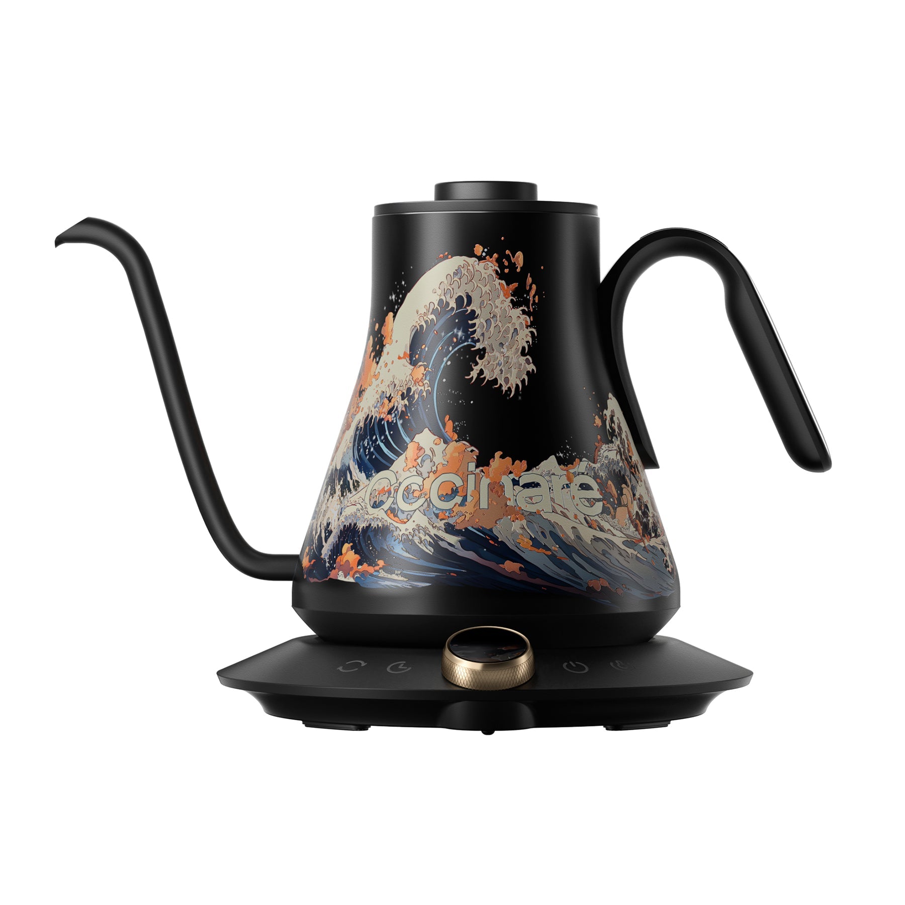 Wave Cocinare Gooseneck Kettle with a digital display and a pot of coffee beans on top, alongside a Cocinare Balance Precision Coffee Scale with a digital display showing weight, on a blue background with scattered coffee beans and a coffee bag.