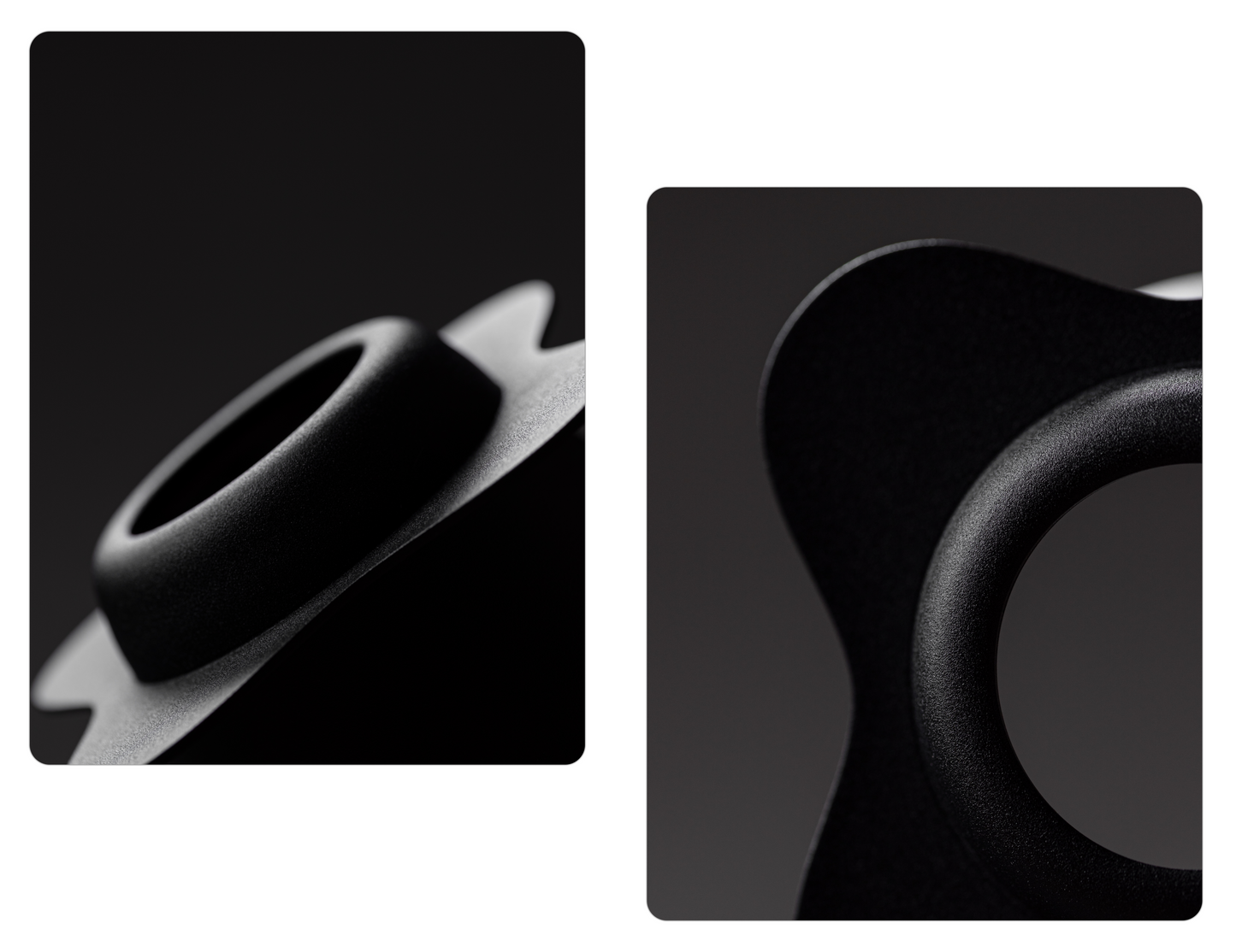 Two close-up shots highlighting the smooth, matte texture and curved, petal-shaped base of the black Orea coffee brewer.