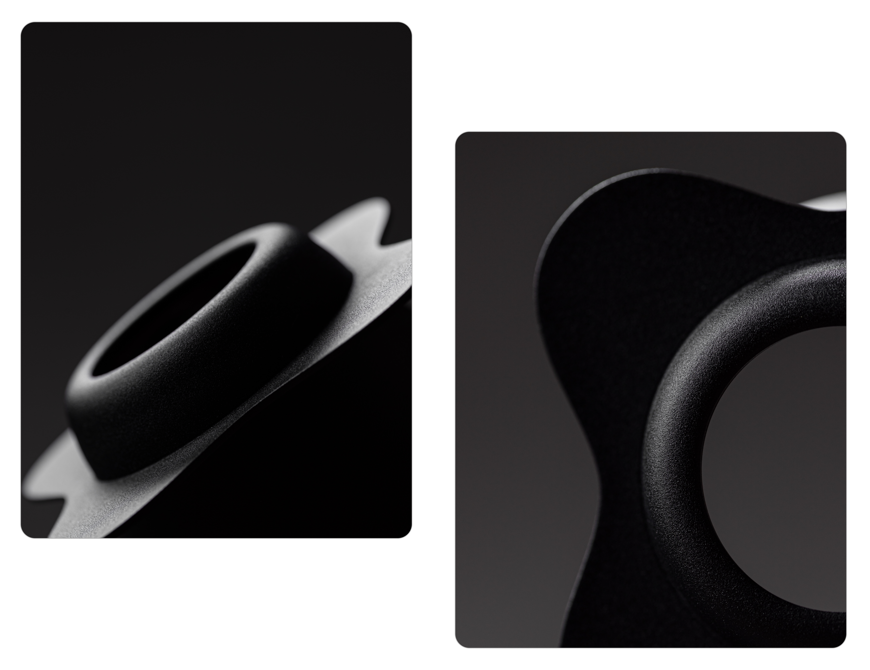 Two close-up shots highlighting the smooth, matte texture and curved, petal-shaped base of the black Orea coffee brewer.