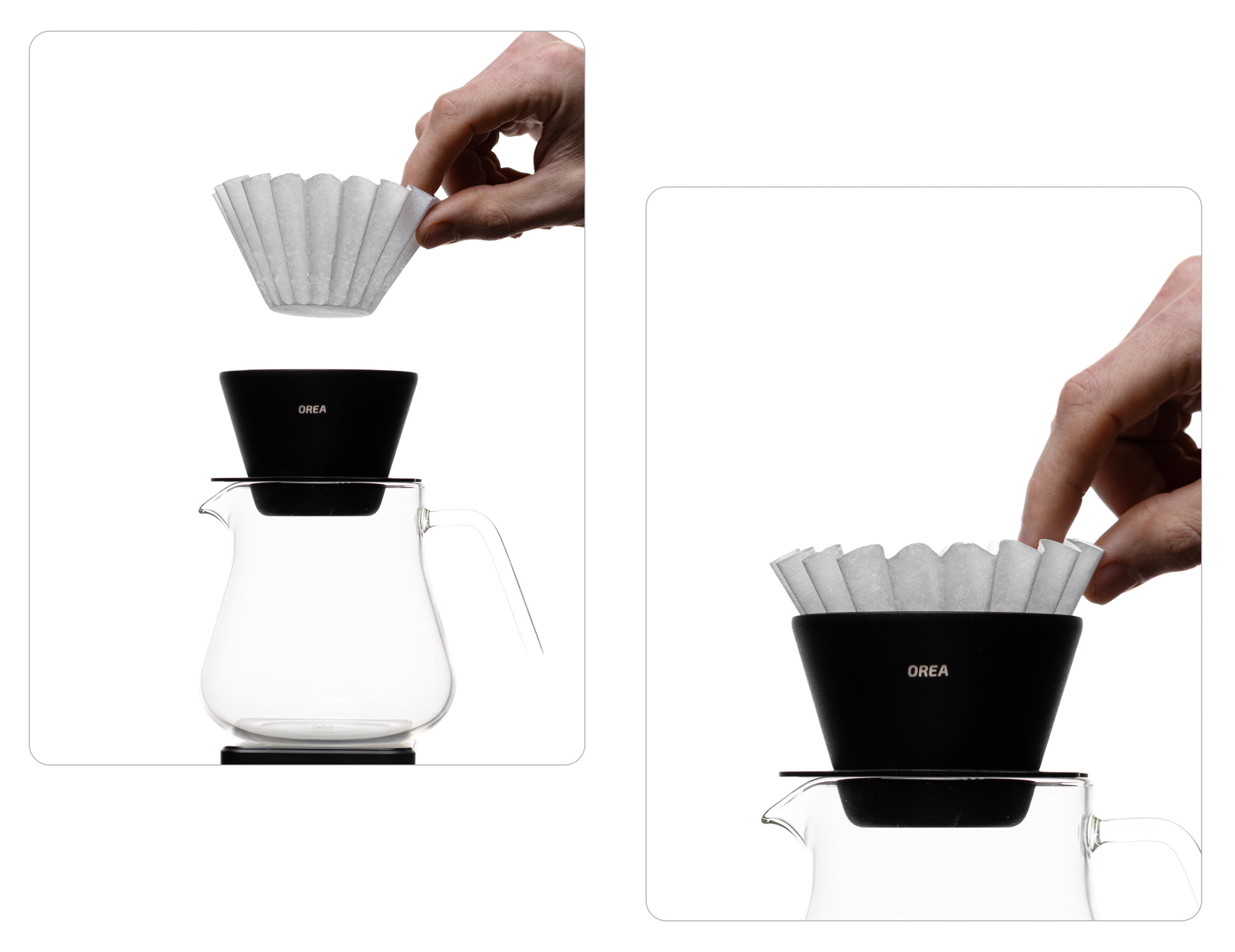 A two-panel image showing a white fluted paper filter being placed into the black Orea brewer, which is sitting atop a clear glass carafe.