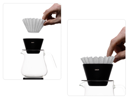 A two-panel image showing a white fluted paper filter being placed into the black Orea brewer, which is sitting atop a clear glass carafe.