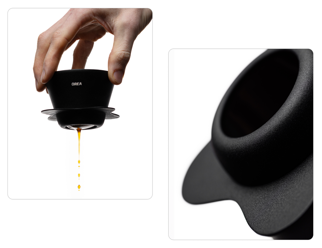 A person holding the Orea 01 brewer as coffee drips steadily from the bottom; includes a second close-up image of the bottom drainage hole.