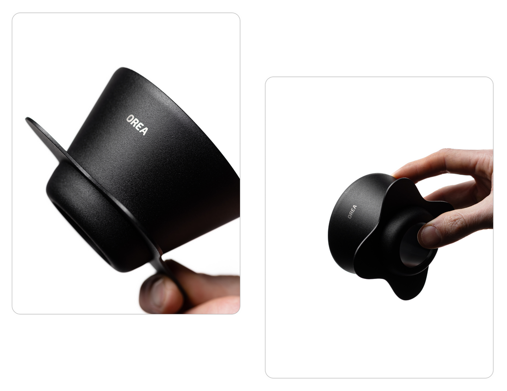Two perspectives of a hand holding the Orea 01 brewer, emphasizing its lightweight design and the unique scalloped shape of its mounting plate.