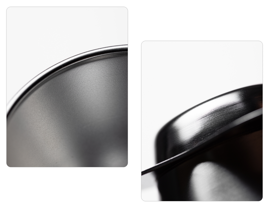A two-panel close-up of the Orea O1 brewer in silver. The shots emphasize the industrial, brushed stainless steel texture and the precisely curved, petal-like edges of the base.