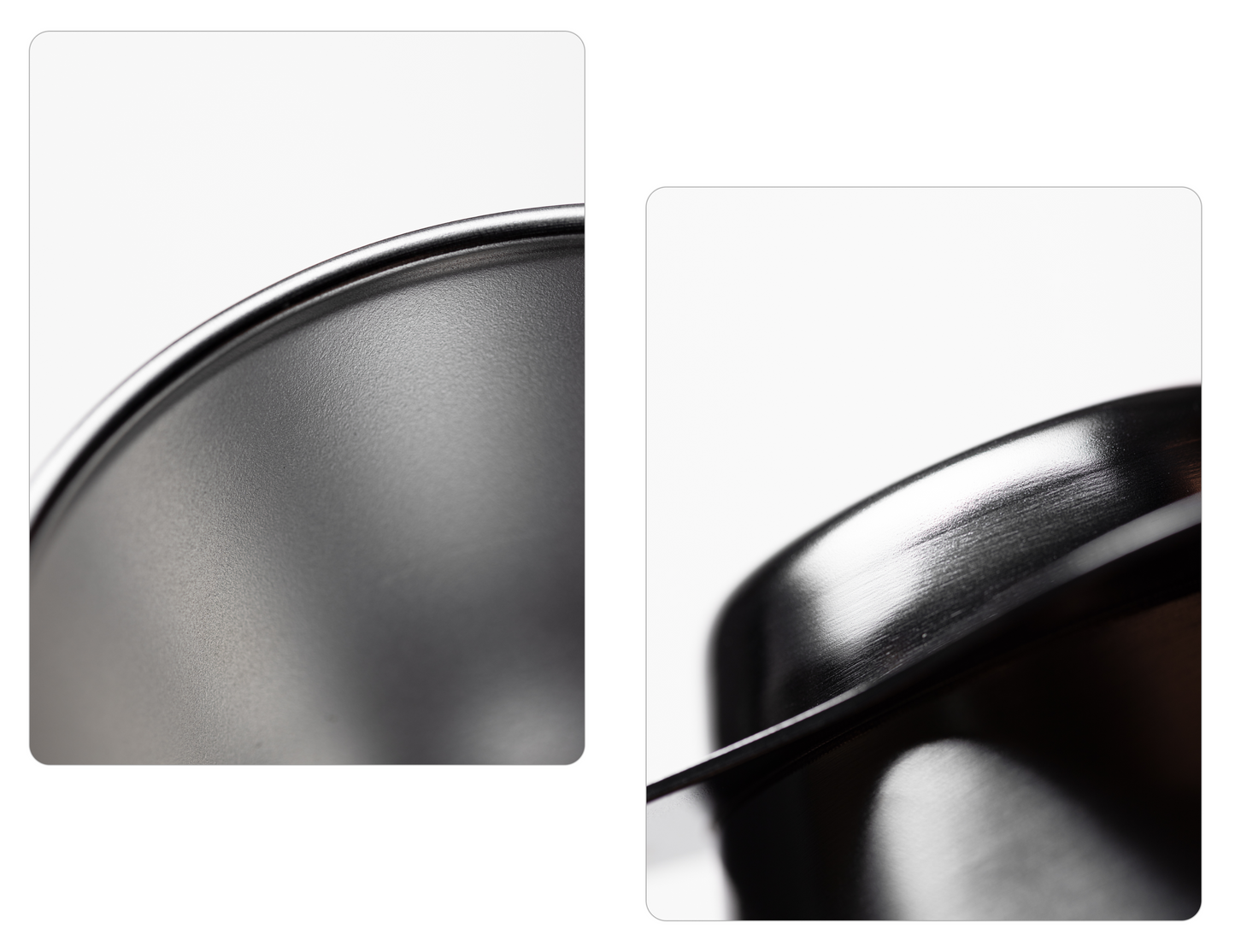 A two-panel close-up of the Orea O1 brewer in silver. The shots emphasize the industrial, brushed stainless steel texture and the precisely curved, petal-like edges of the base.