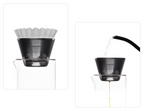 A two-panel image showing a white fluted paper filter being placed into the silver Orea O1 brewer, followed by water being poured over coffee grounds to begin the extraction process.