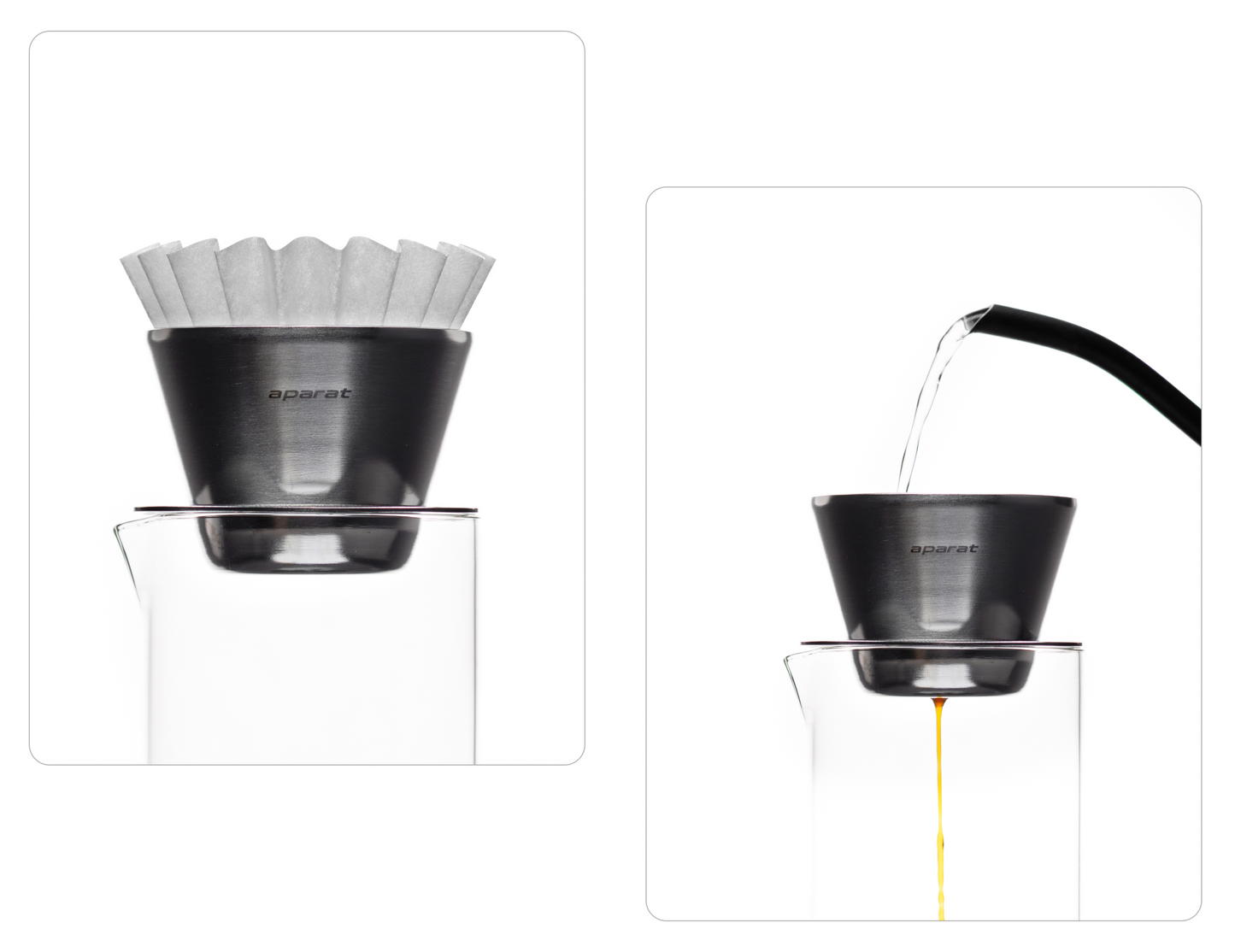 A two-panel image showing a white fluted paper filter being placed into the silver Orea O1 brewer, followed by water being poured over coffee grounds to begin the extraction process.