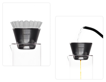 A two-panel image showing a white fluted paper filter being placed into the silver Orea O1 brewer, followed by water being poured over coffee grounds to begin the extraction process.