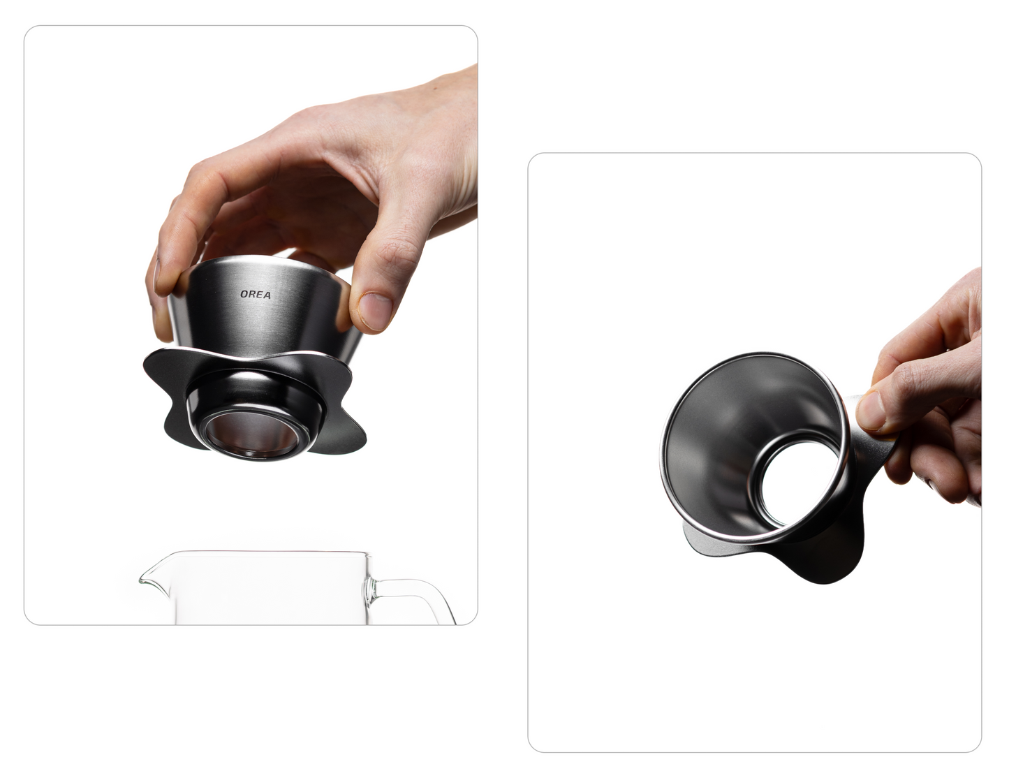 A person holding the silver Orea O1 brewer by its rim with their thumb and fingers, demonstrating the device's lightweight and ergonomic design. The polished raw silver finish reflects light against a neutral background.