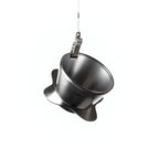 A front-facing view of the Orea 01 brewer hanging vertically from a metal clip, showcasing its minimalist conical shape.