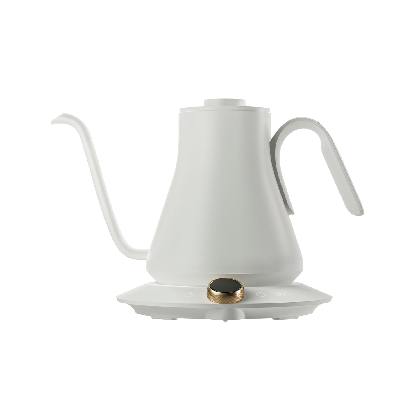 A white Cocinare FLOW M9 Gooseneck Kettle with a digital display and a pot of coffee beans on top, alongside a Cocinare Balance Precision Coffee Scale with a digital display showing weight, on a blue background with scattered coffee beans and a coffee bag.