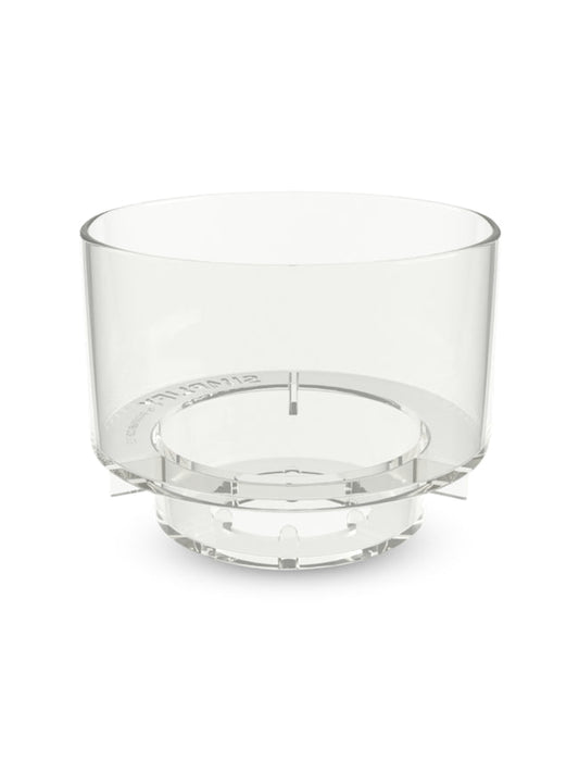 A clear, transparent cylindrical coffee brewer with a tiered "bathtub" design, showcasing a minimalist plastic structure.