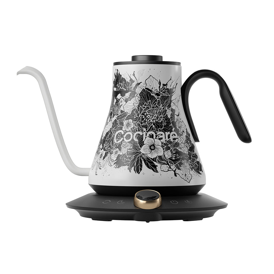 Blossom Cocinare Gooseneck Kettle with a digital display and a pot of coffee beans on top, alongside a Cocinare Balance Precision Coffee Scale with a digital display showing weight, on a blue background with scattered coffee beans and a coffee bag.