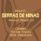 An informational graphic for Somewhere Coffee's Brazil Serras de Minas Natural Mosaic field blend, displaying tasting notes of caramel, yellow fruits, and milk chocolate against a warm, abstract brown background.