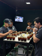 A professional cupping session at the Finca Satus quality lab, featuring a line of glass cups filled with brewed coffee and trays of grounds. Four men in branded apparel are actively smelling and evaluating the aromatic profiles, demonstrating the rigorous quality control behind Somewhere Coffee's Pink Bourbon selection.