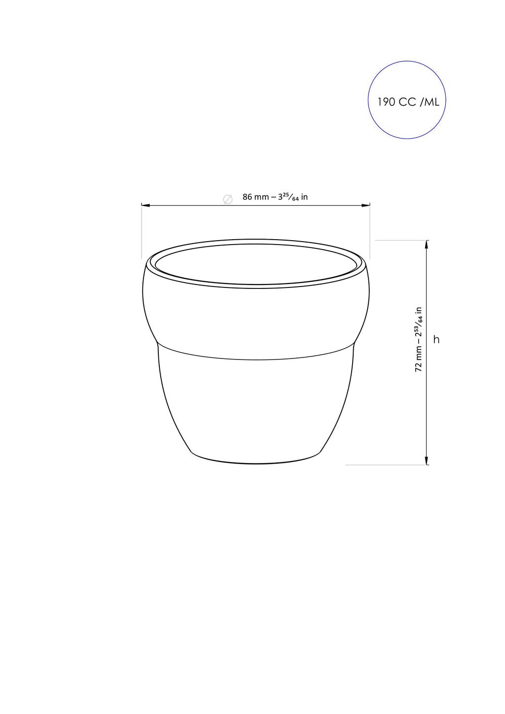 A technical architectural line drawing displaying the exact dimensions of the small white Roaster Kat KatCup Omni, including an 86mm diameter, 72mm height, and a 190ml / 190cc capacity for focused cuppings and smaller drinks.
