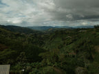 A sweeping, moody landscape view of the lush, green mountainous terrain of Bruselas, Huila, Colombia, where the La Cabaña farm sits at 1550 masl, producing experimental coffee for Somewhere Coffee.
