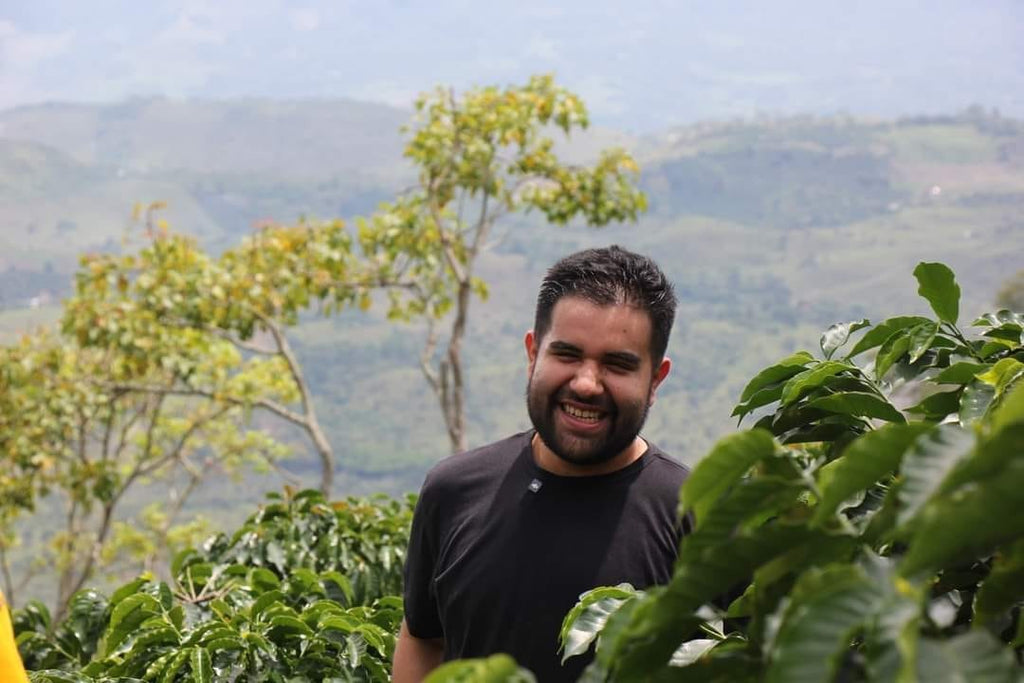 A proud Colombian coffee grower standing among the lush green coffee plants with the misty mountains of Pitalito, Huila in the background at Laboyani Farm, the source of Somewhere Coffee's Washed Gesha.