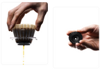 A split image highlighting the OREA O2's performance: a hand holds a clear dripper overflowing with coffee, pulling a perfect, clean stream of golden liquid into a carafe on the left, while the right panel shows a close-up of the black #4 silicone regulator disc held in a palm.