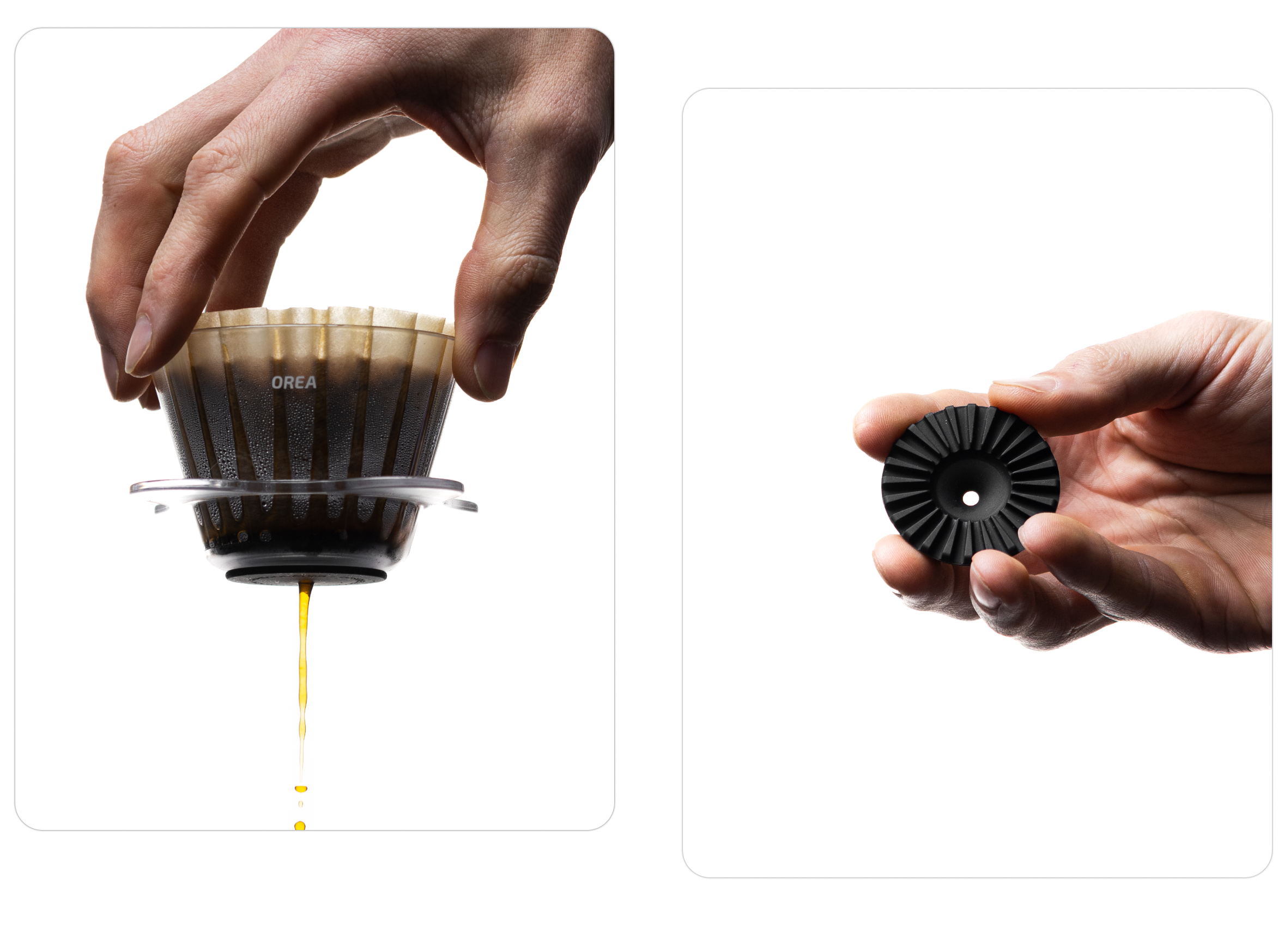 A split image highlighting the OREA O2's performance: a hand holds a clear dripper overflowing with coffee, pulling a perfect, clean stream of golden liquid into a carafe on the left, while the right panel shows a close-up of the black #4 silicone regulator disc held in a palm.