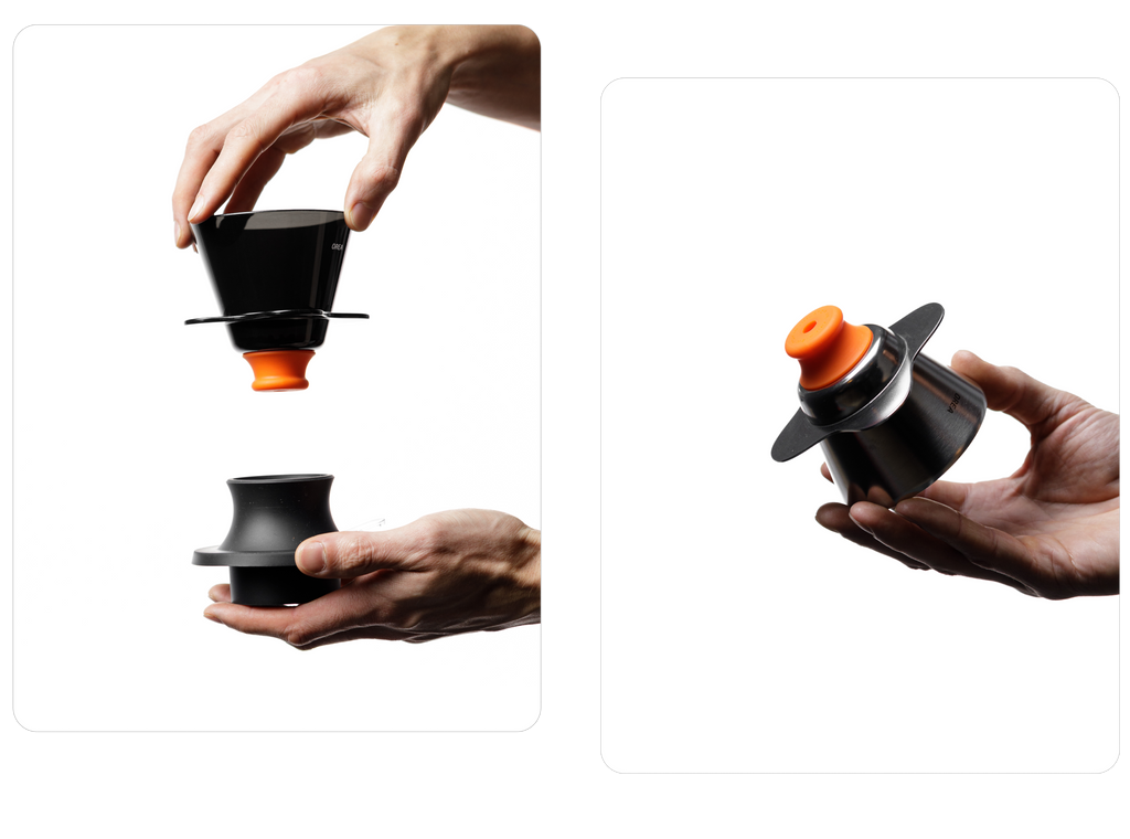 A split-panel product shot of the OREA O2 Darth Black Brewer with its signature orange #8 Regulator; the left panel shows the dripper being lowered onto a black base, while the right panel shows the fully assembled brewer and regulator being held comfortably in a hand.