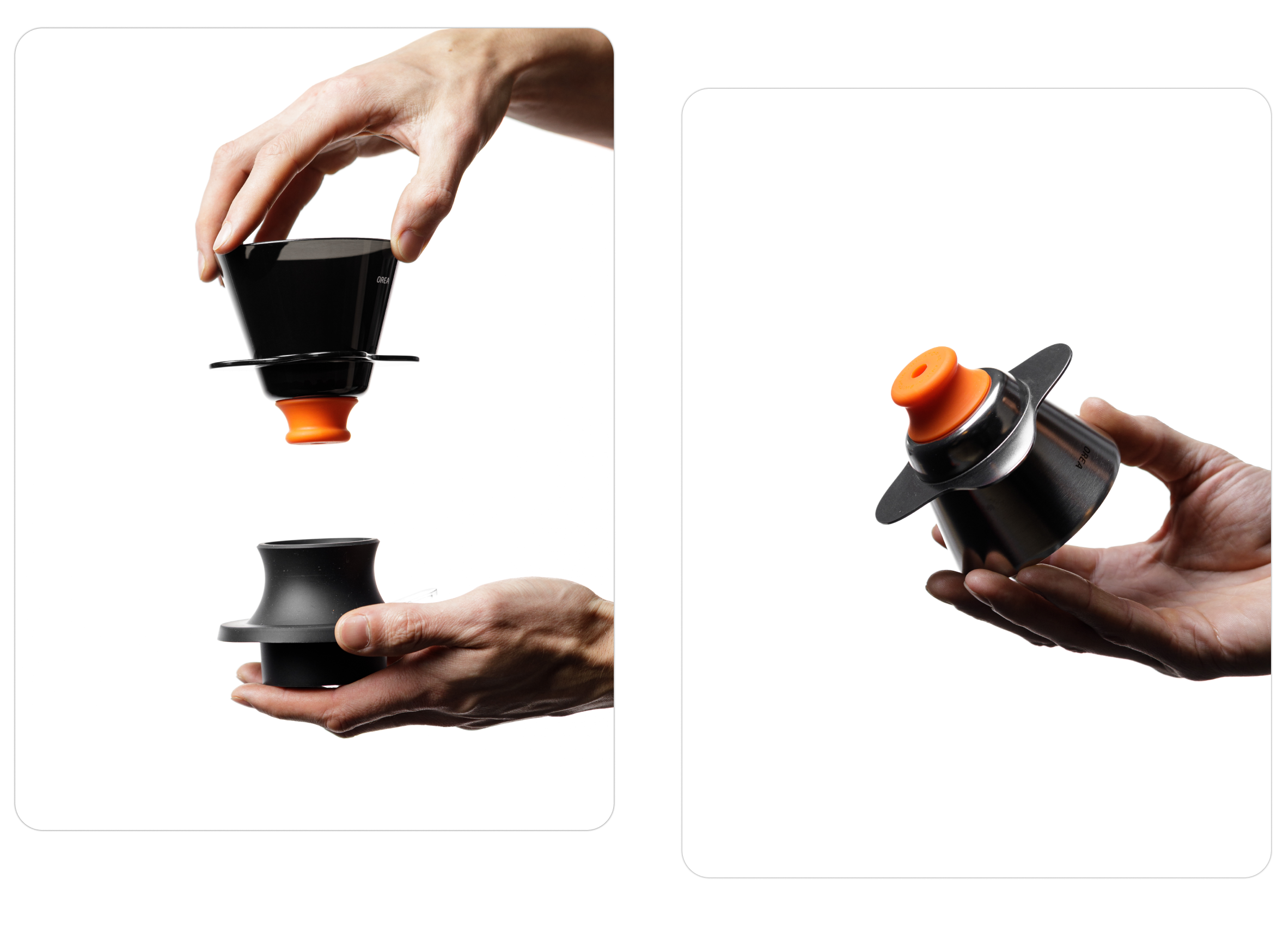 A split-panel product shot of the OREA O2 Darth Black Brewer with its signature orange #8 Regulator; the left panel shows the dripper being lowered onto a black base, while the right panel shows the fully assembled brewer and regulator being held comfortably in a hand.