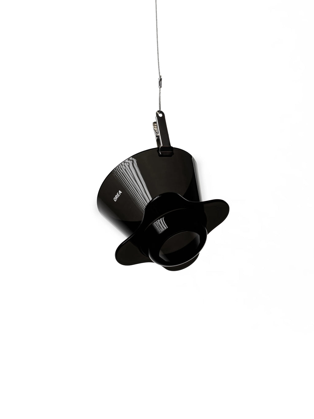 The OREA O2 Darth Black Brewer hanging delicately from a single string against a pure white background, showcasing its lightweight 67g unibody construction and minimalist aesthetic.
