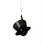 The OREA O2 Darth Black Brewer hanging delicately from a single string against a pure white background, showcasing its lightweight 67g unibody construction and minimalist aesthetic.
