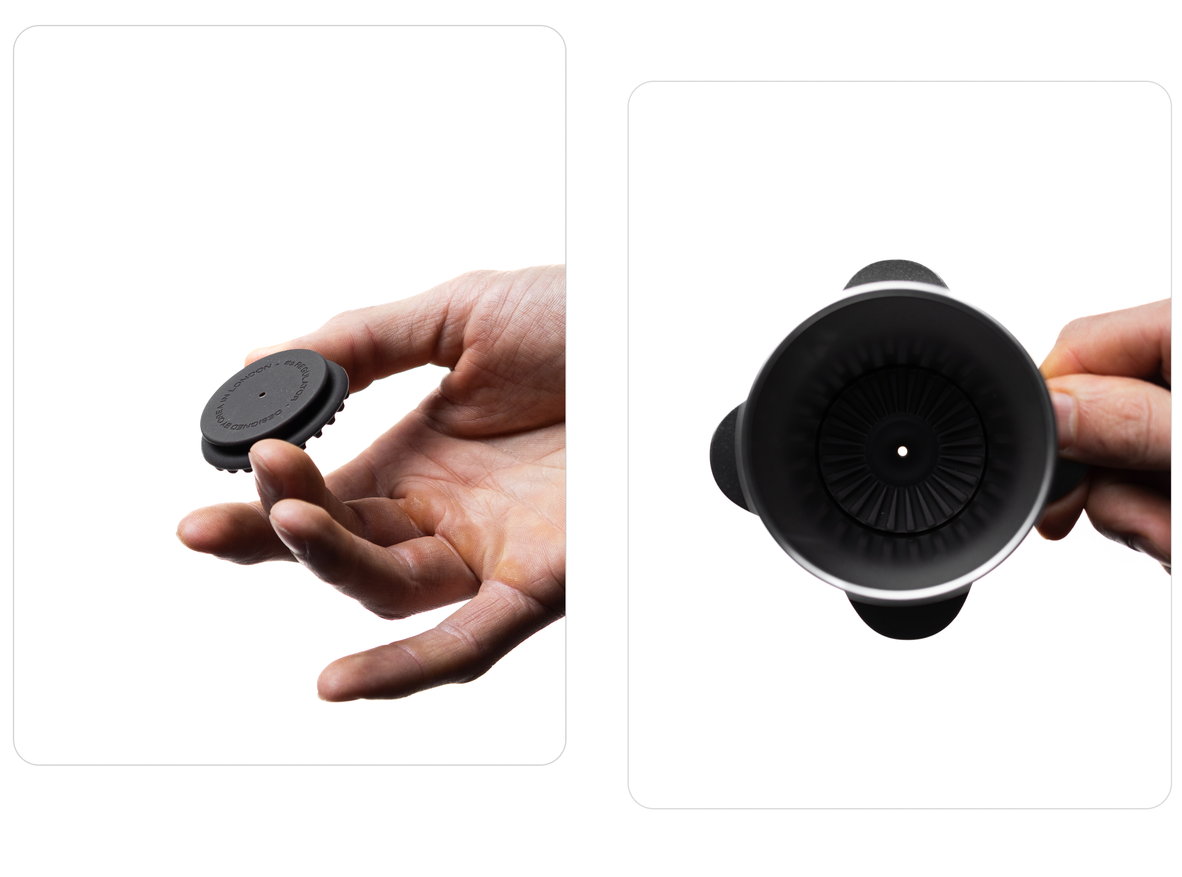 A split-panel close-up revealing the engineering behind the OREA Regulator; the left shows a hand holding the circular silicone disc, while the right looks down inside the black O2 dripper to show how the regulator's center orifice sits perfectly in the base to control flow.