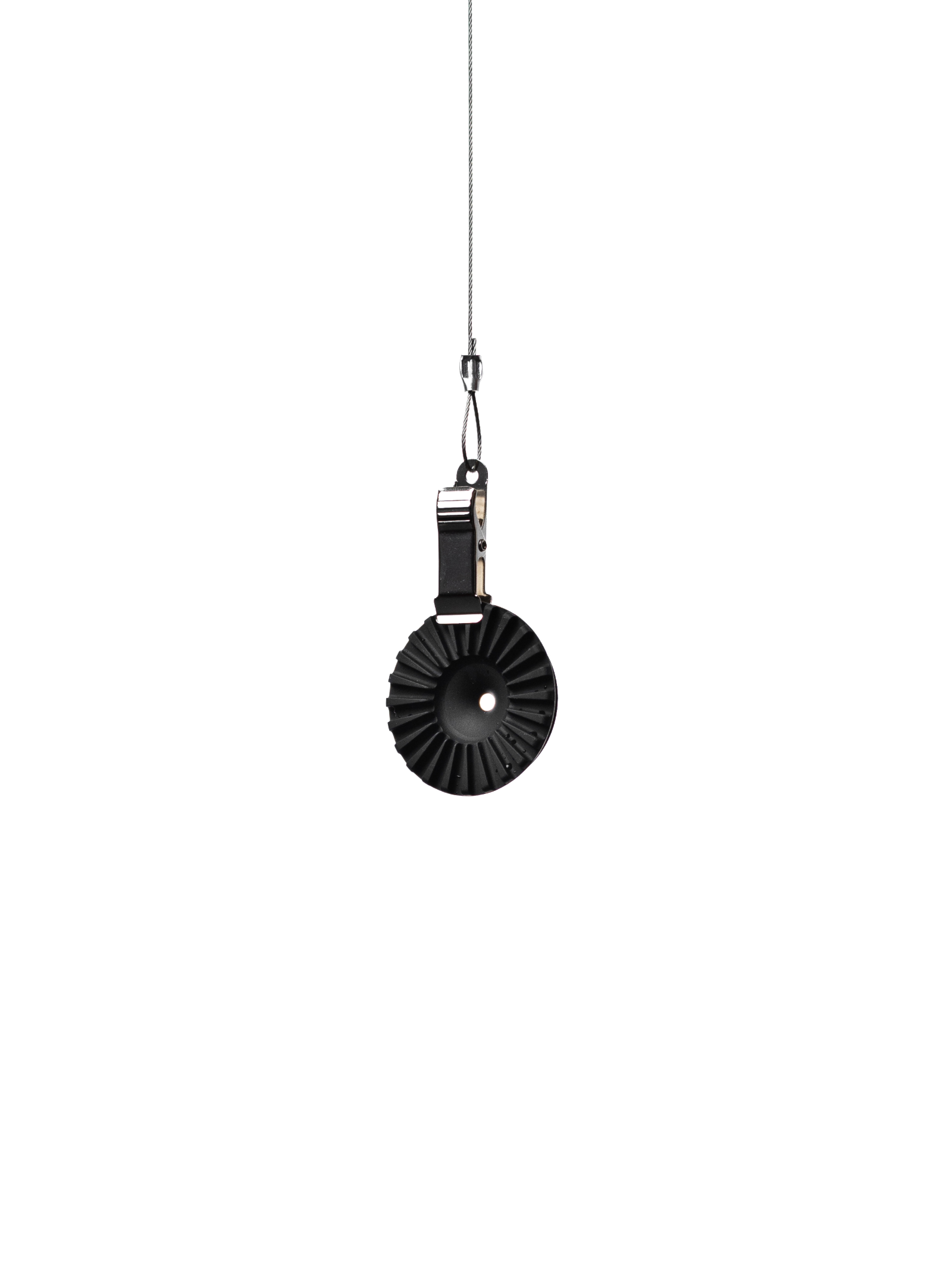 The black OREA #4 Medium Regulator hanging delicately by a small metal clip on a wire against a white background, emphasizing its incredibly lightweight, food-grade silicone construction and minimalist design.