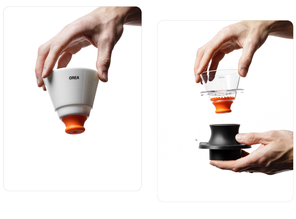 A split-panel image showing the OREA O2 brewing system in action: a white OREA dripper fitted with a vibrant orange #8 Regulator on the left, and a clear Tritan dripper being held above a black base with the orange regulator attached on the right, demonstrating the modular, magnetic flow-control design.