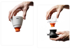 A split-panel image showing the OREA O2 brewing system in action: a white OREA dripper fitted with a vibrant orange #8 Regulator on the left, and a clear Tritan dripper being held above a black base with the orange regulator attached on the right, demonstrating the modular, magnetic flow-control design.