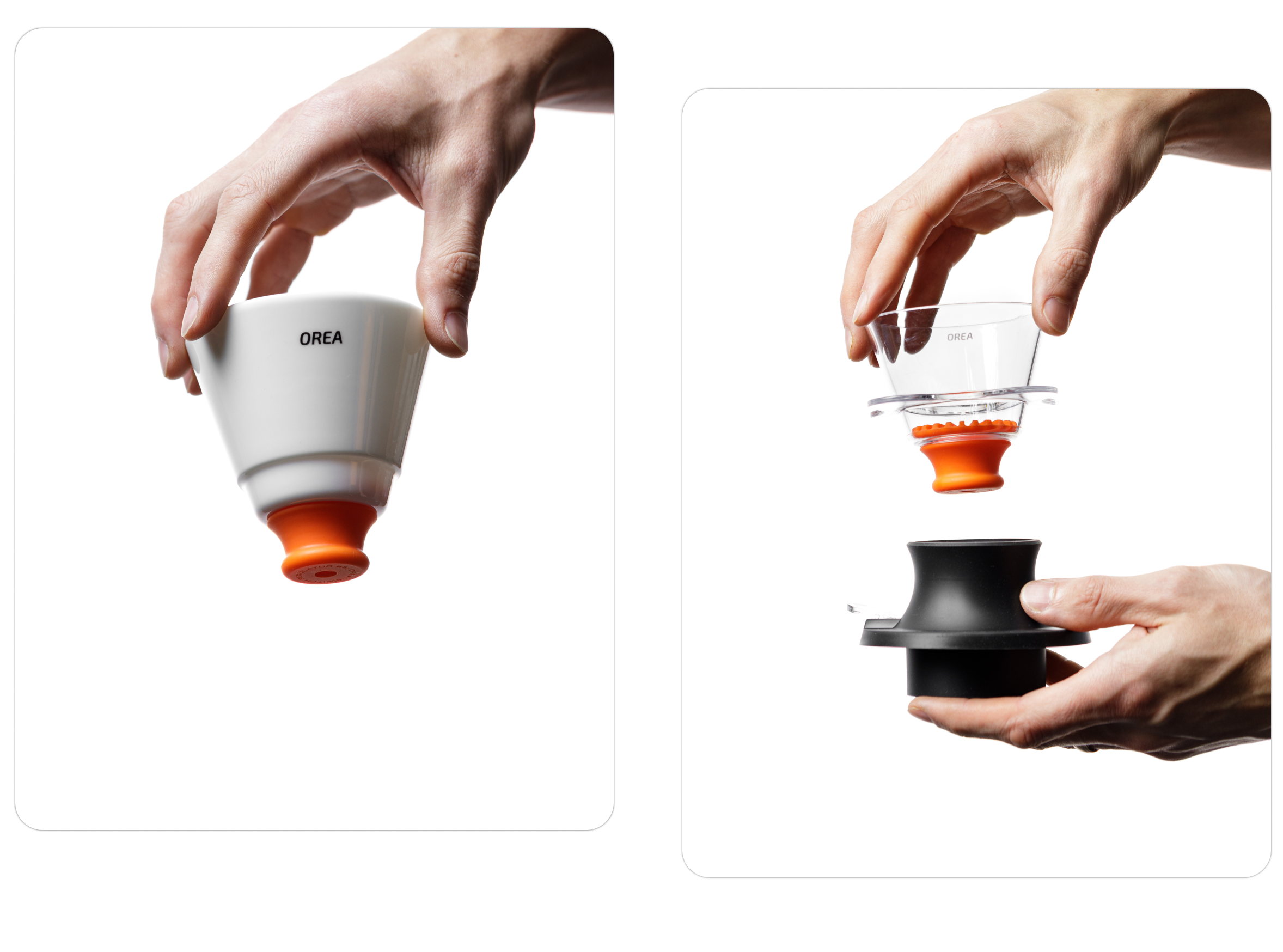 A split-panel image showing the OREA O2 brewing system in action: a white OREA dripper fitted with a vibrant orange #8 Regulator on the left, and a clear Tritan dripper being held above a black base with the orange regulator attached on the right, demonstrating the modular, magnetic flow-control design.