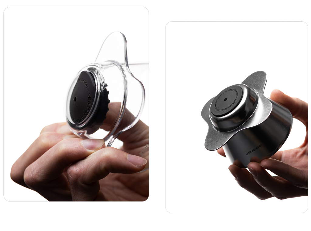 An overhead angled view showing how the OREA Regulator disc attaches to the bottom of the brewer; the left panel shows a clear dripper with the center mechanism installed, while the right shows a black OREA O2 with its signature Darth Black base and logo.