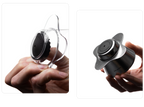 An overhead angled view showing how the OREA Regulator disc attaches to the bottom of the brewer; the left panel shows a clear dripper with the center mechanism installed, while the right shows a black OREA O2 with its signature Darth Black base and logo.