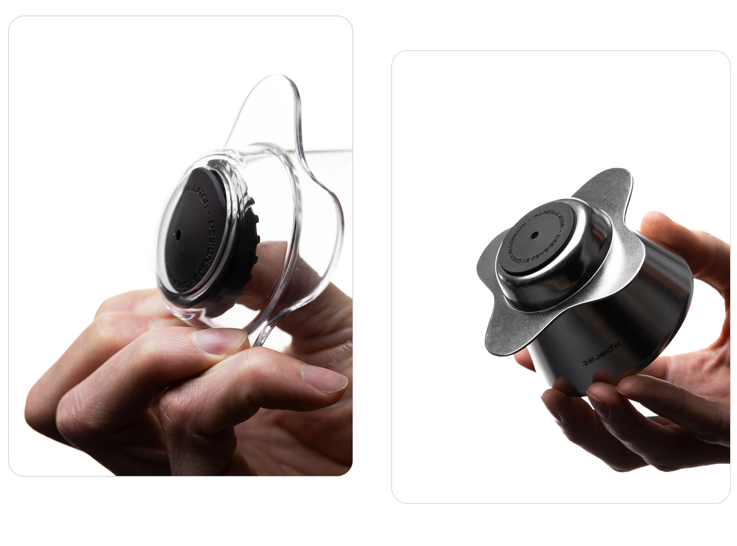 An overhead angled view showing how the OREA Regulator disc attaches to the bottom of the brewer; the left panel shows a clear dripper with the center mechanism installed, while the right shows a black OREA O2 with its signature Darth Black base and logo.
