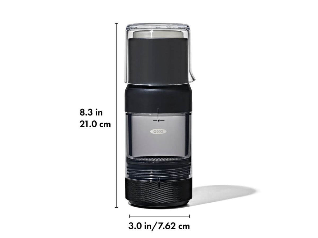 The OXO Brew Rapid Brewer against a plain white background with precise dimensions marked, showing its compact height of 21 cm and diameter of 7.6 cm, a perfect portable size for brewing Somewhere Coffee's single-origin specialty beans.