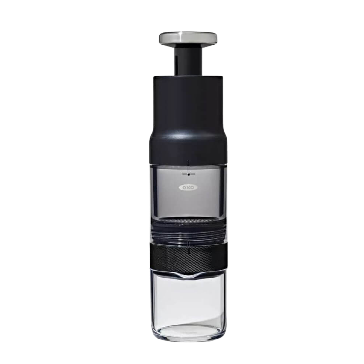 A clean, high-resolution studio shot of the fully assembled OXO Brew Rapid Brewer featuring its sleek black, clear, and stainless steel design, ready to brew rich, concentrated coffee from Somewhere Coffee's Colombian single-origin beans.