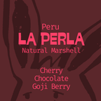 A minimalist graphic label for Somewhere Coffee's Peru La Perla Natural Marshell lot, displaying complex tasting notes of ripe cherry, rich chocolate, and vibrant goji berry against a deep maroon background.