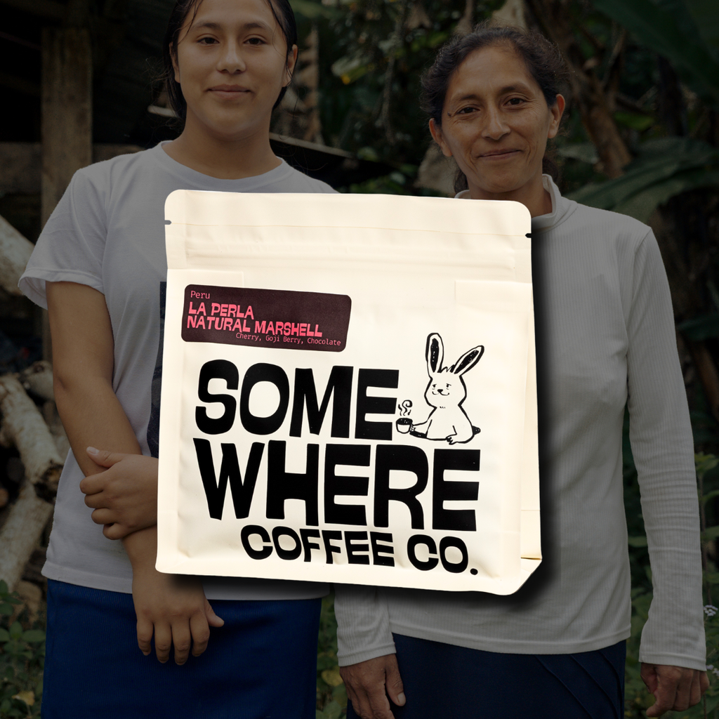 Two proud female coffee producers standing amidst lush farm foliage in Peru, holding the white Somewhere Coffee Co. bag featuring the rabbit logo, representing the direct-trade relationship and women-led quality behind the La Perla Natural Marshell lot.