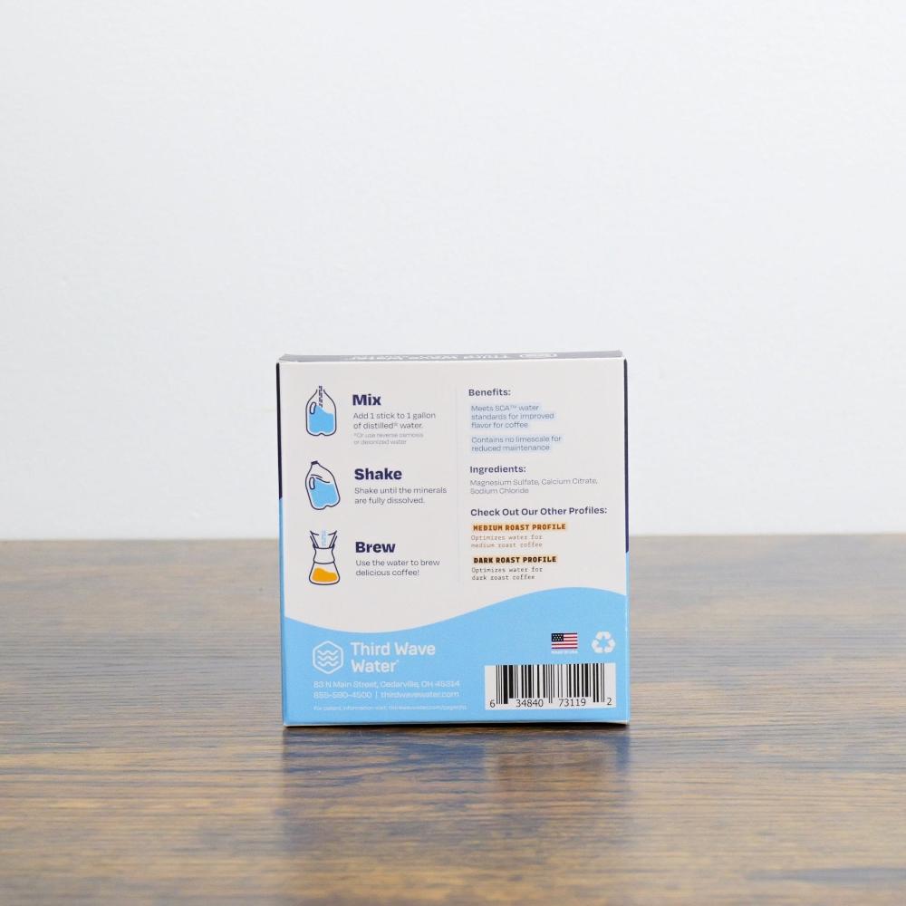 The back of the Third Wave Water mineral box showing illustrated instructions for use: Mix, Shake, and Brew. It lists ingredients and other available mineral profiles.