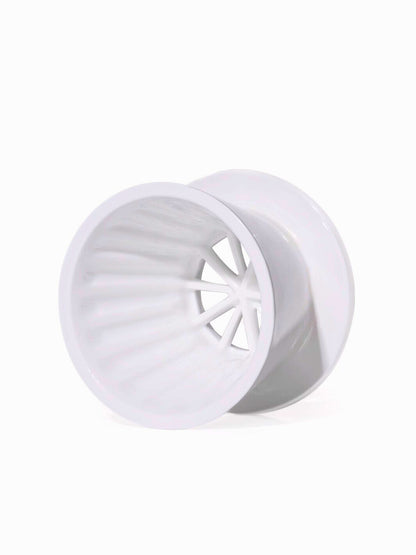 Interior view of white Timemore Crystal Eye B75 ceramic dripper showing flat-bottom and ribbed design